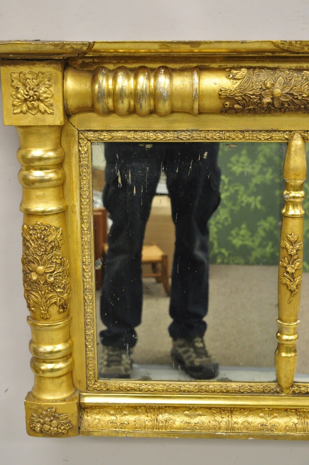 Antique American Federal Gold Giltwood Overmantle 66" Triple Mirror