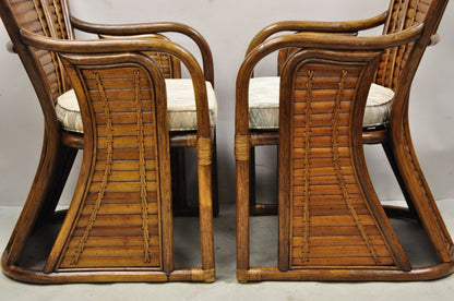 Pair Vintage Hollywood Regency Boho Chic Bentwood Rattan Fan Back Lounge Chairs