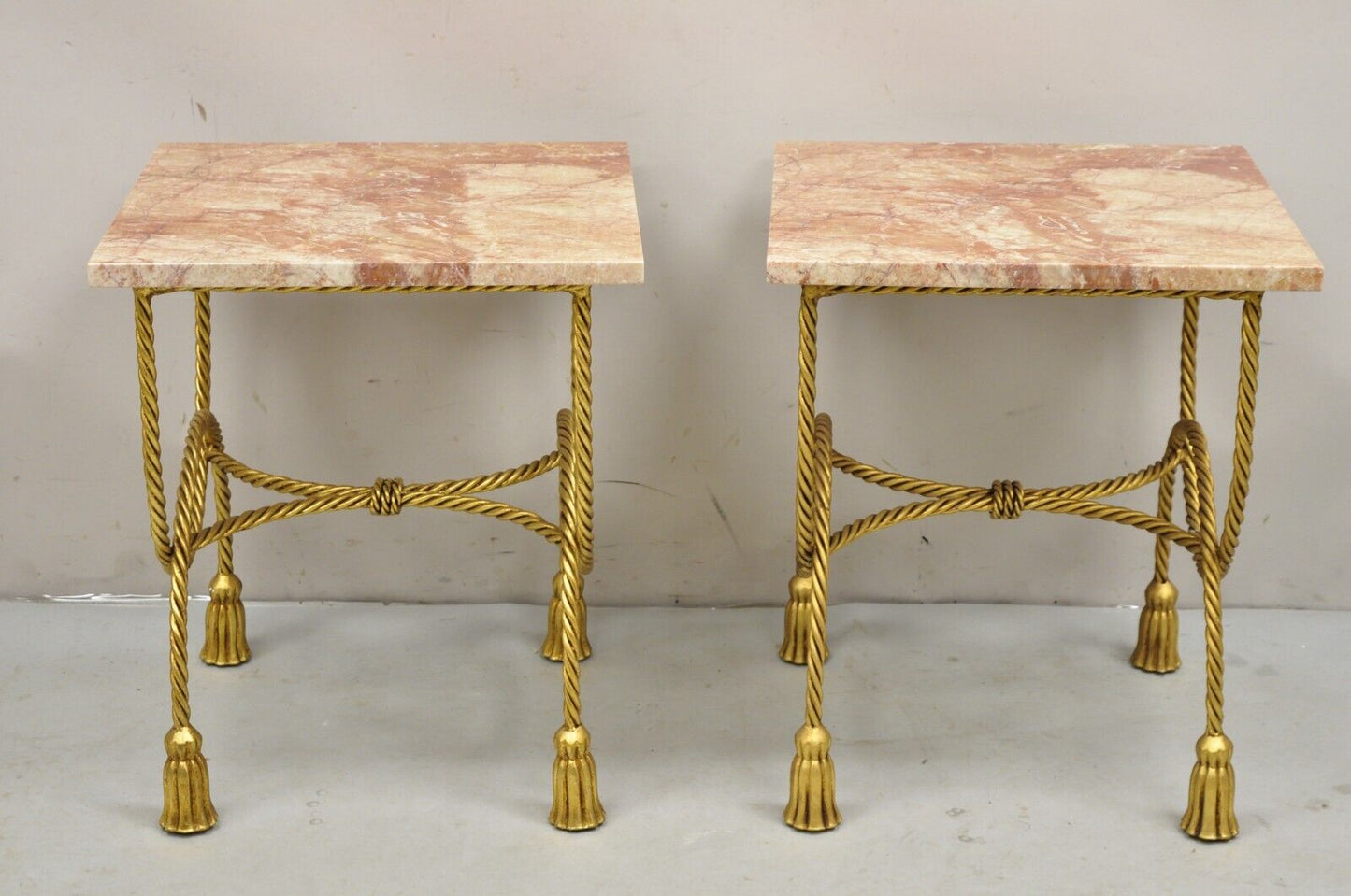 Italian Hollywood Regency Gold Iron Rope Tassel Rouge Marble Top Side Table Pair