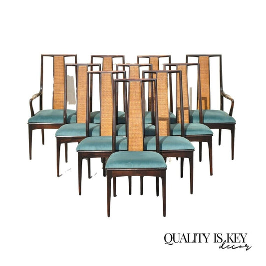Vintage John Stuart Cane Back Mid Century Modern Asian Dining Chairs - Set of 10