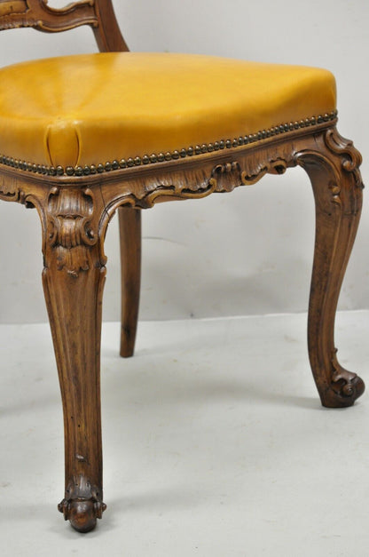 French Louis XV Carved Walnut Cabriole Leg Leather Upholstered Accent Side Chair