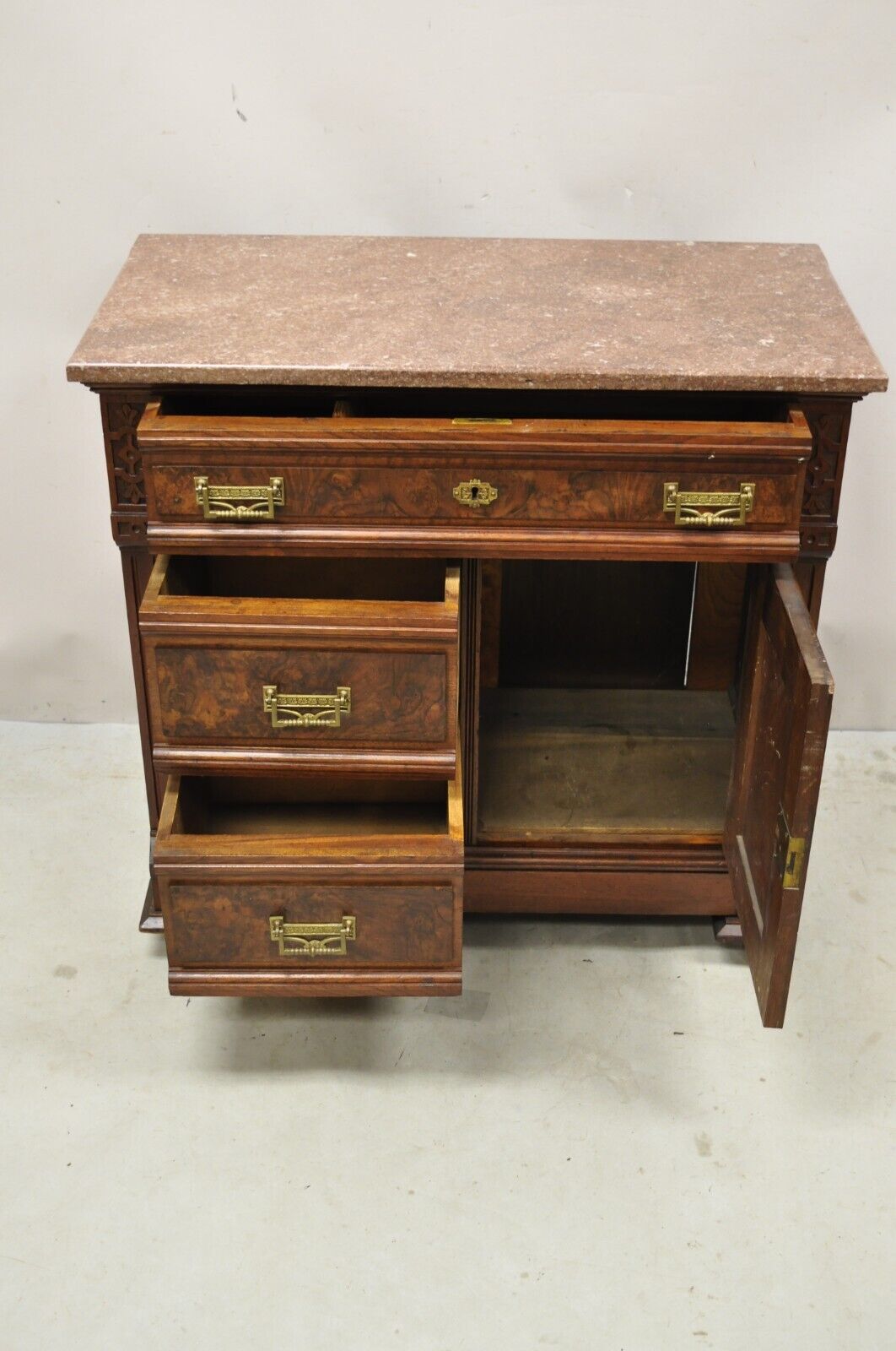 Antique Eastlake Victorian Burlwood Walnut Marble Top Washstand Nightstand Commo