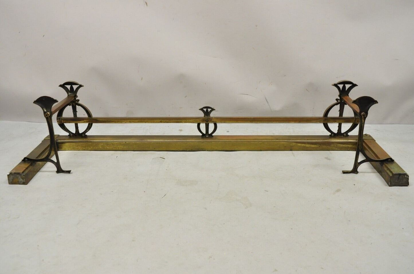 Antique French Art Nouveau Bow and Bellflower 52" Brass Fireplace Fender