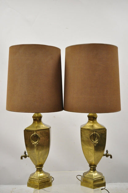 Paul Hanson Burnished Brass Samovar Urn Form Table Lamps with Shades - a Pair