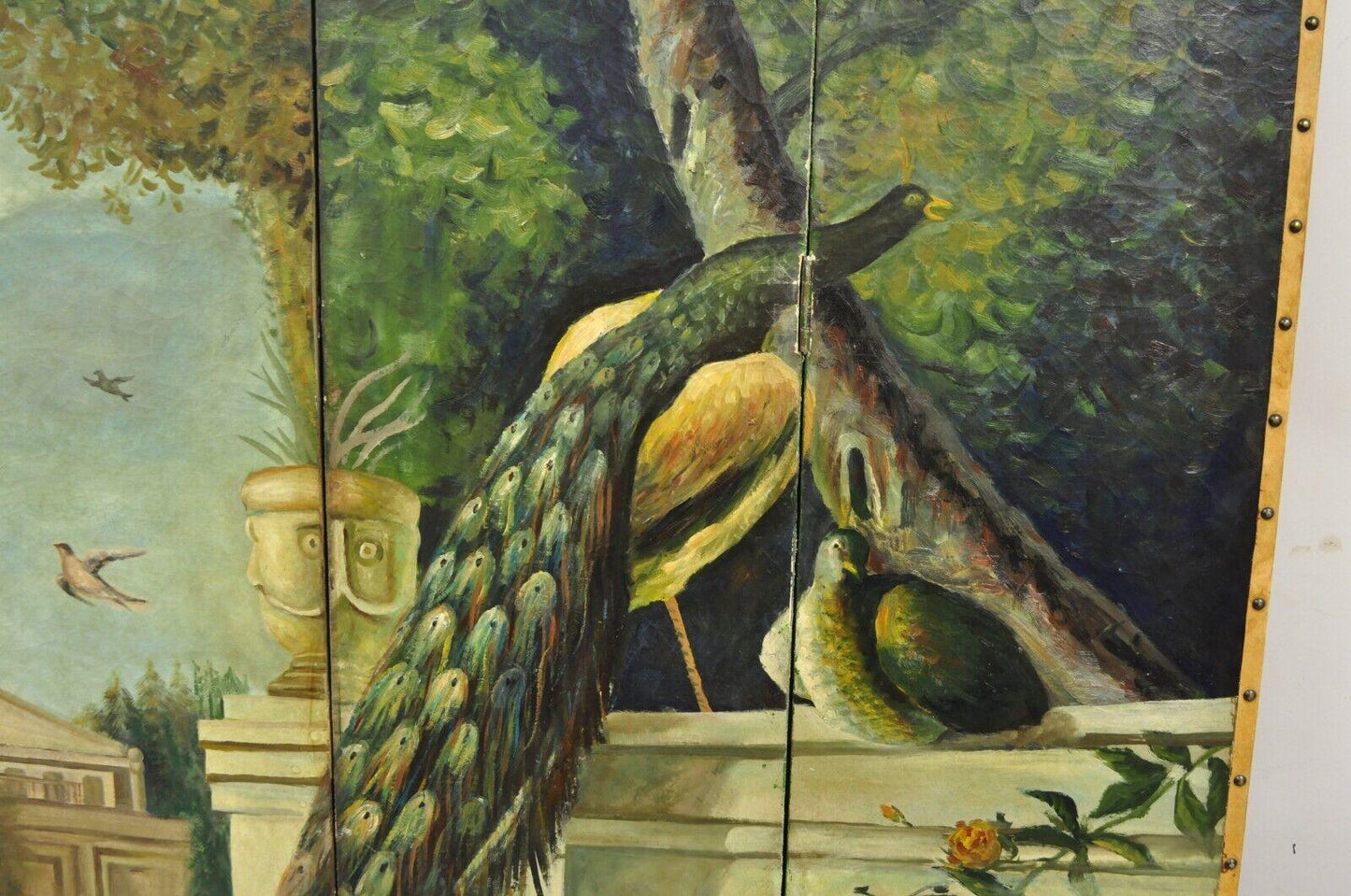 Venetian Hand Painted Oil on Canvas 4 Section Peacock Bird Screen Room Divider