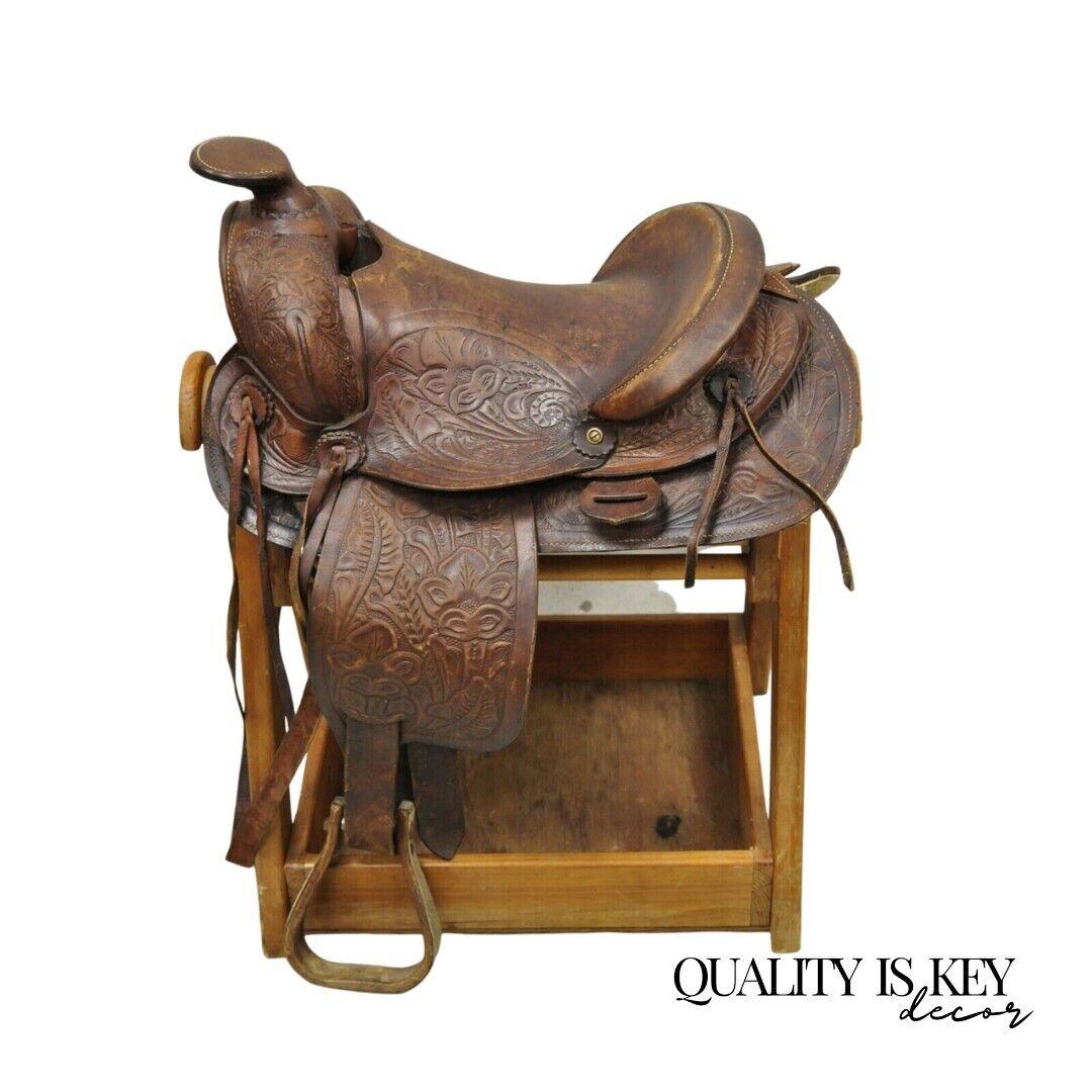 Vintage Brown Tooled Leather Embossed 14" Western Horse Saddle