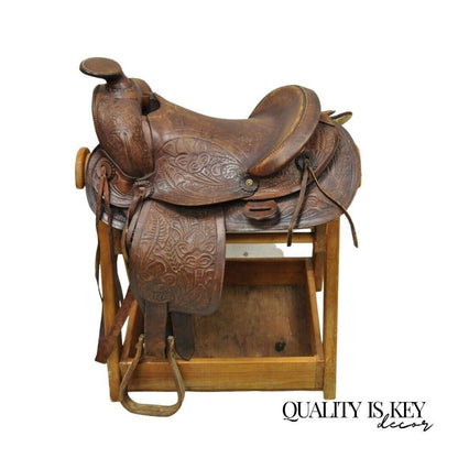 Vintage Brown Tooled Leather Embossed 14" Western Horse Saddle