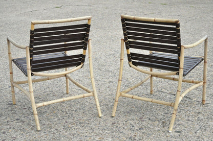 Faux Bamboo Chinese Chippendale Aluminum Vinyl Strap Patio Arm Chairs - a Pair