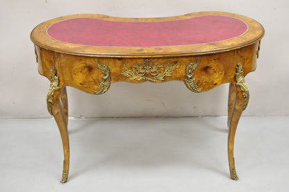 French Louis XV Style Kidney Shaped Leather Top Bronze Mounted 3 Drawer Desk