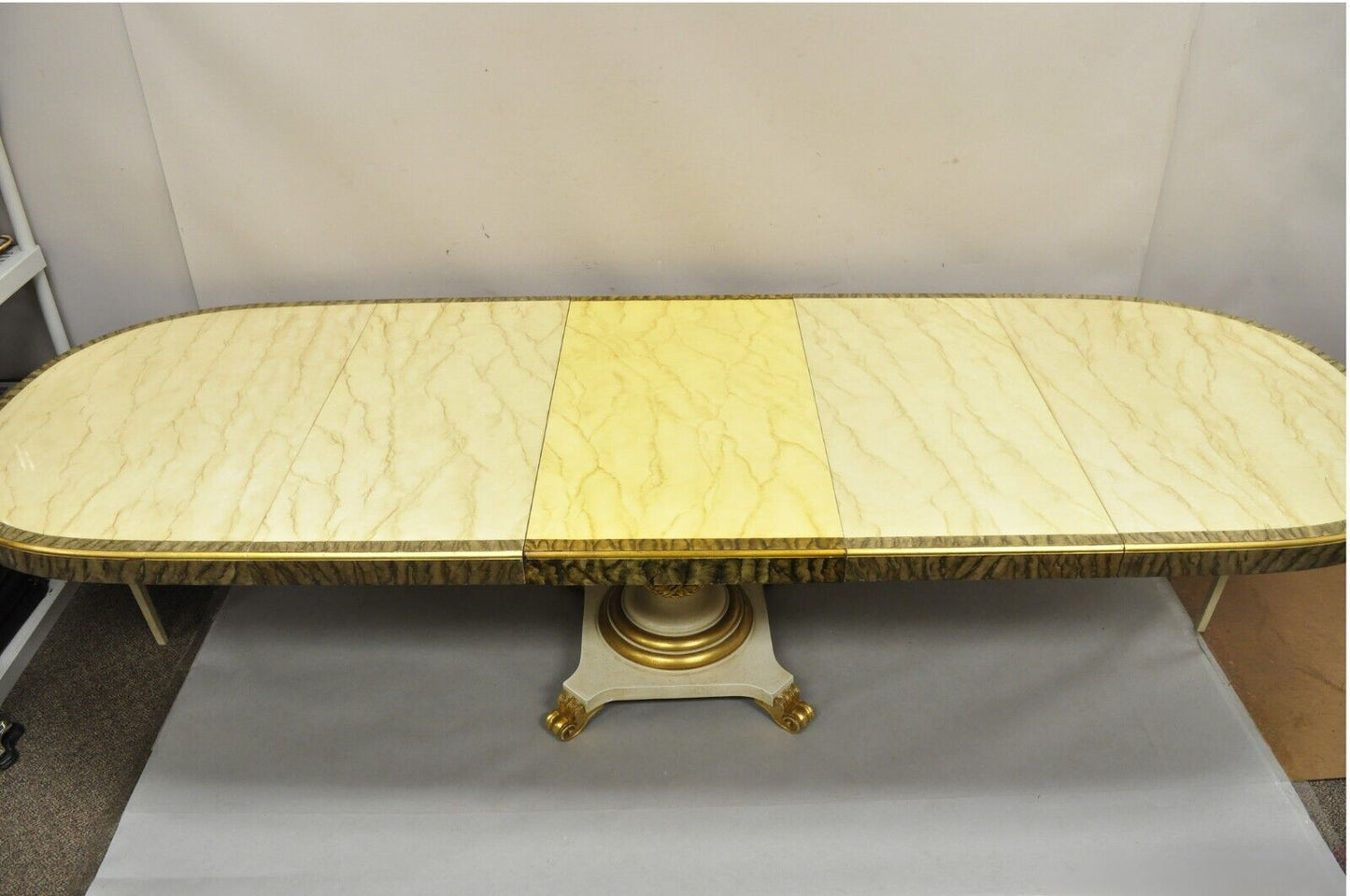 Italian Regency Cream & Gold Gilt Lacquered Urn Pedestal Dining Table - 3 Leaves