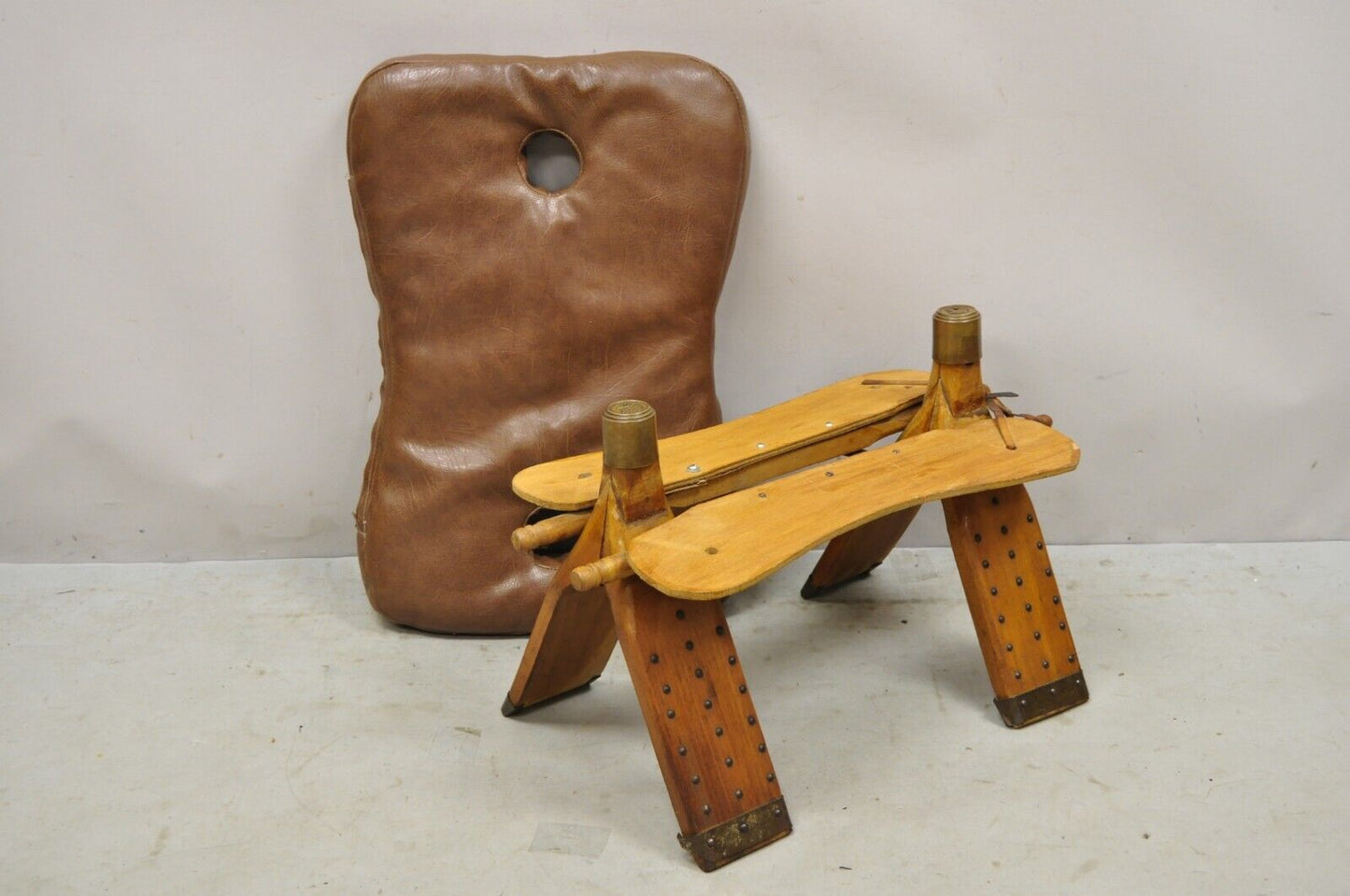 Vintage Moroccan Style Brown Vinyl Wooden Camel Saddle Ottoman Stool
