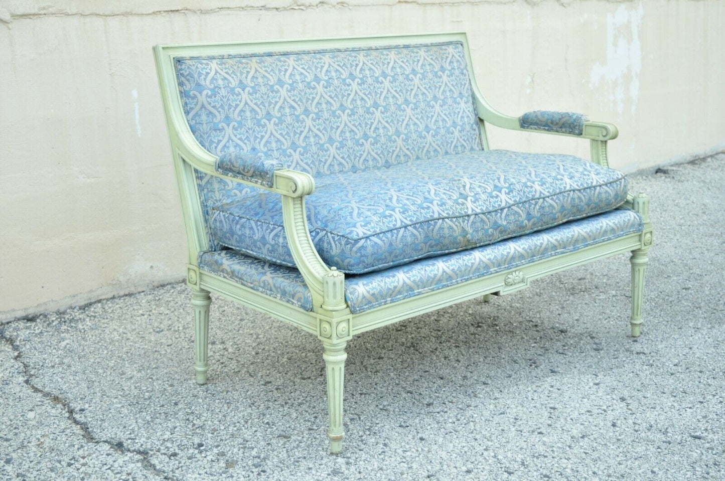 Vintage French Louis XVI Style Hollywood Regency Green Blue Settee Loveseat Sofa