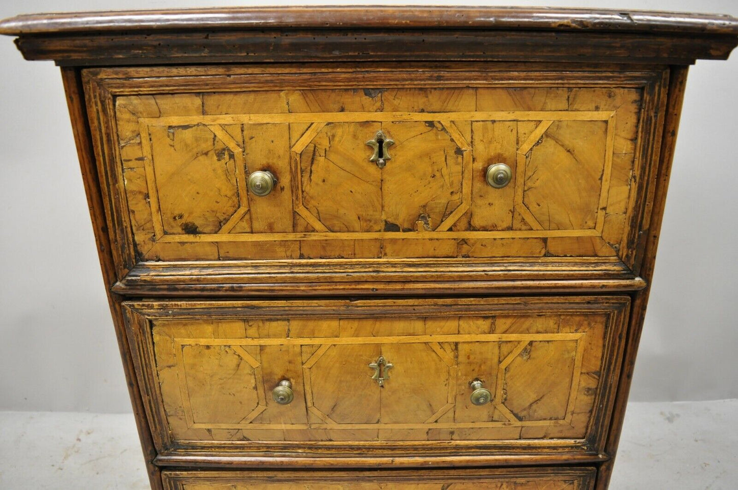 19th Century Italian Marquetry Inlay Walnut 3 Drawer Commode Chest Nightstand