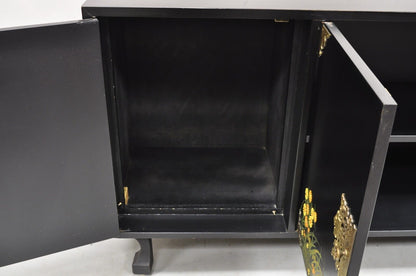 Vintage Chinoiserie Black Lacquer Hand Painted Floral Credenza Cabinet Sideboard