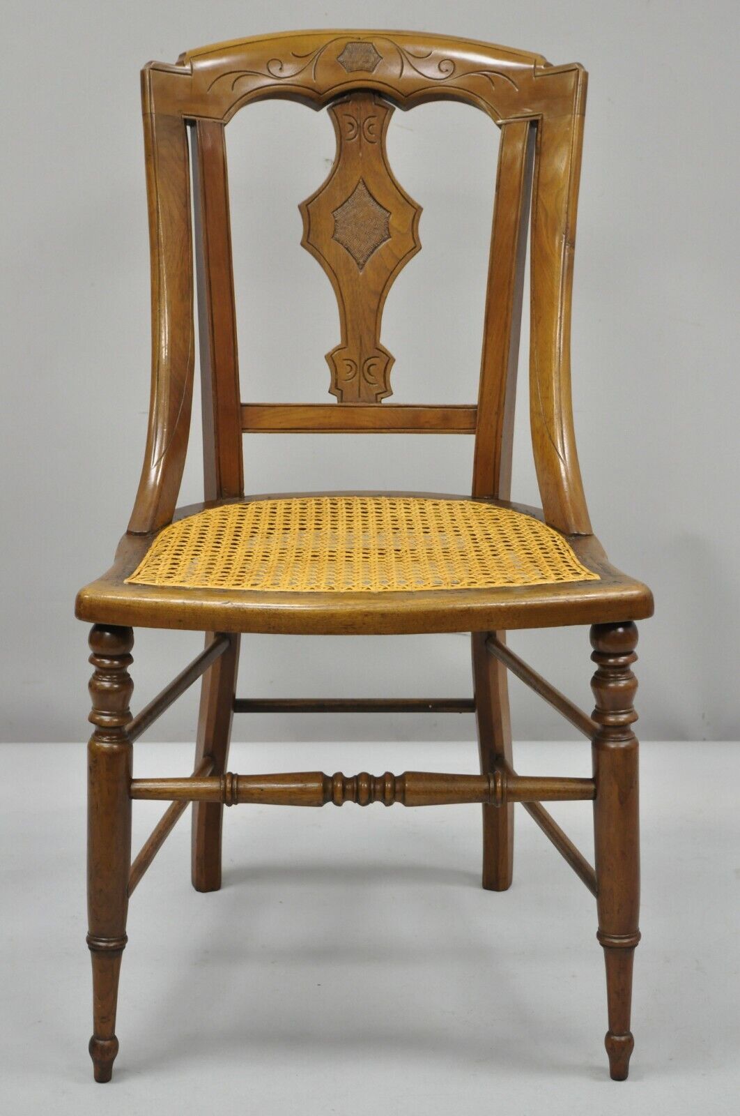 19th Century Antique Eastlake Victorian Carved Walnut Cane Dining Side Chair (A)