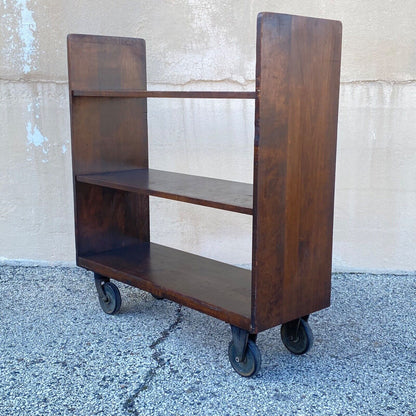 Vtg Arts & Crafts Wooden Rolling Library Book Cart Bookshelf Cast Iron Wheels