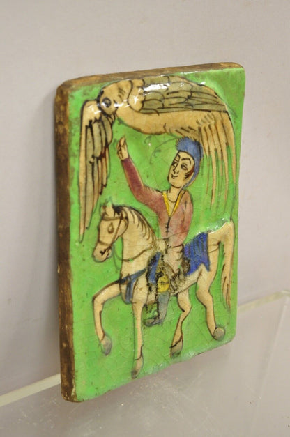 Antique Persian Iznik Qajar Style Ceramic Pottery Green Tile Phoenix w/ Rider C4