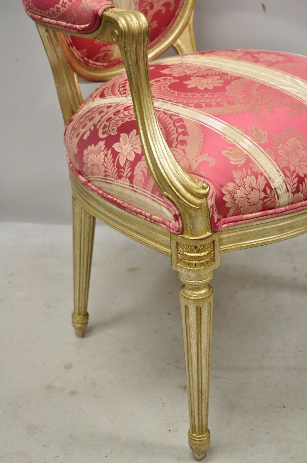 French Louis XVI Style Silver Gold Gilt Pink Damask Oval Back Arm Chairs - Pair