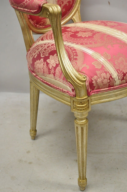 French Louis XVI Style Silver Gold Gilt Pink Damask Oval Back Arm Chairs - Pair