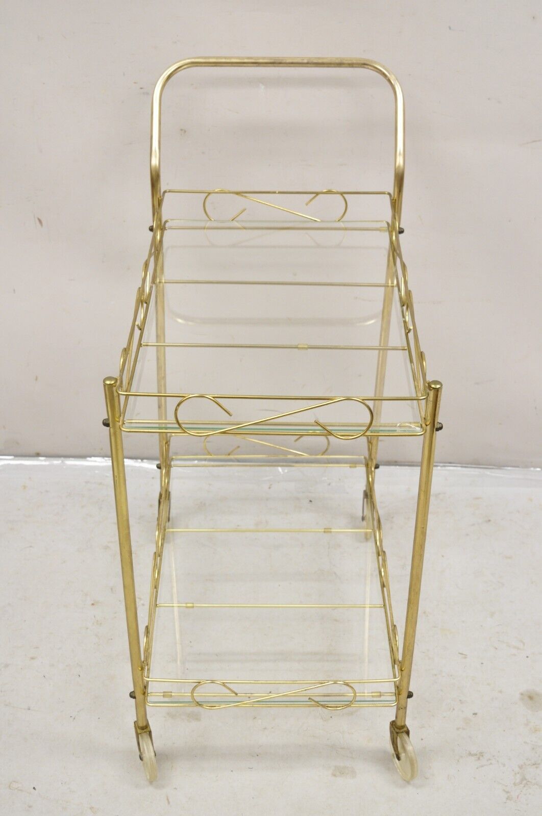 Vintage Mid Century Modern Gold Metal 2 Tier Rolling Bar Tea Cart Server