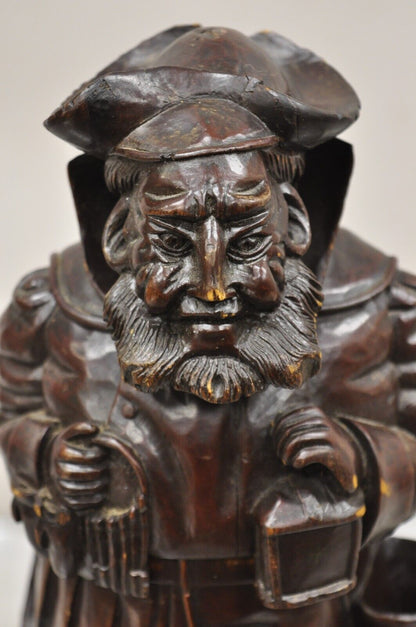 19th C. Black Forest Figural Wood Carved Night Watchman Lidded Tobacco Jar Box