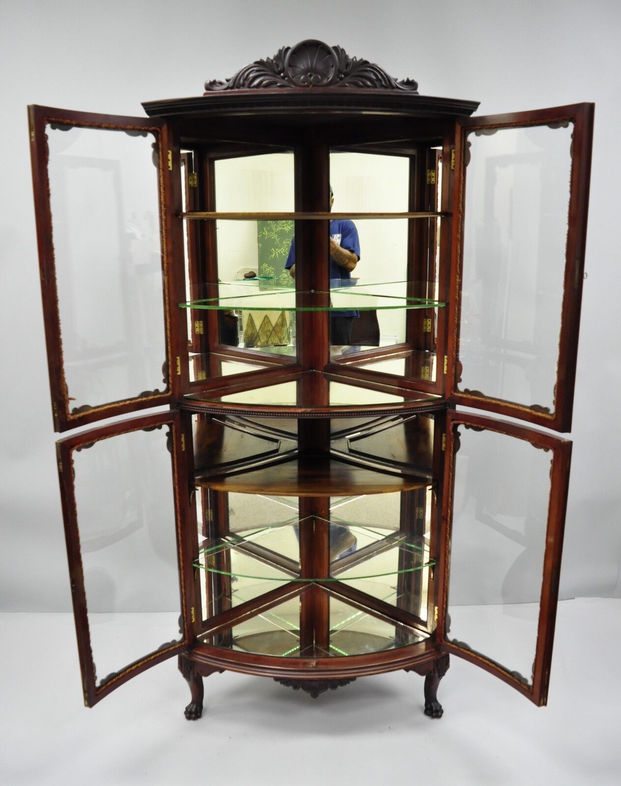 Antique Mahogany Victorian Bow Front Glass Corner Curio Cabinet Display Vitrine