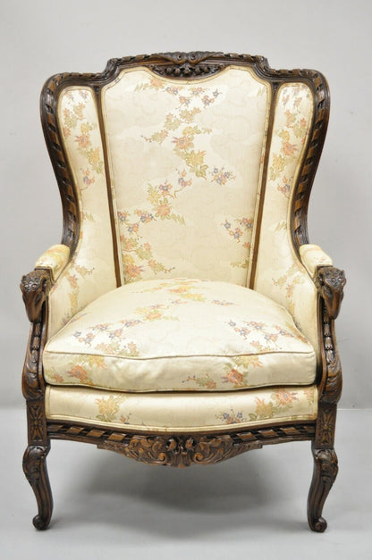 Vintage Italian Regency Style Rams Head Carved Walnut Wingback Bergere Arm Chair