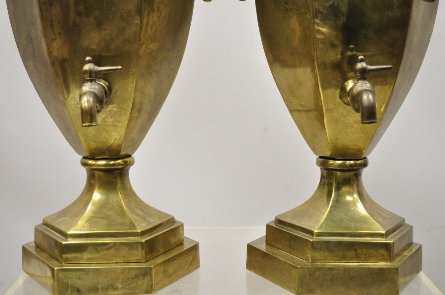 Paul Hanson Burnished Brass Samovar Urn Form Table Lamps with Shades - a Pair