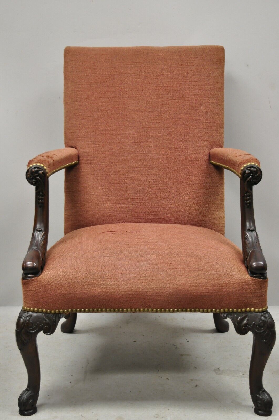 Antique Carved Mahogany Georgian Figural Dolphin Upholstered Library Arm Chair