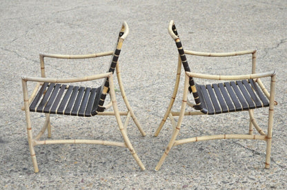 Faux Bamboo Chinese Chippendale Aluminum Vinyl Strap Patio Arm Chairs - a Pair