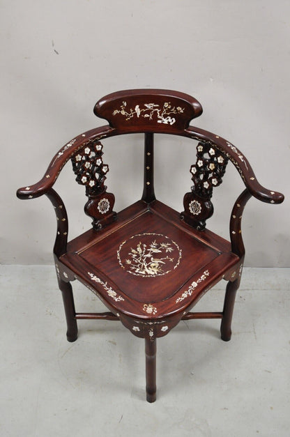 Vintage Chinese Carved Hardwood Corner Lounge Chair with Mother of Pearl Inlay