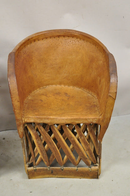 Vintage Brown Leather and Cedar Wood Mexican Equipale Barrel Club Chairs a Pair