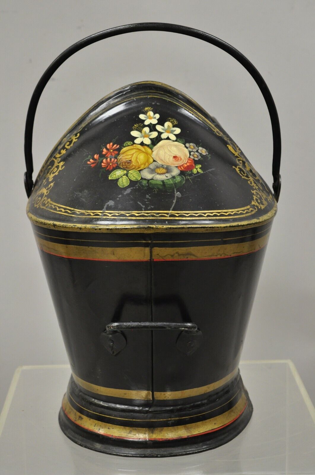 Antique Victorian Black Steel Hand Painted Flower Tole Metal Coal Scuttle Bucket