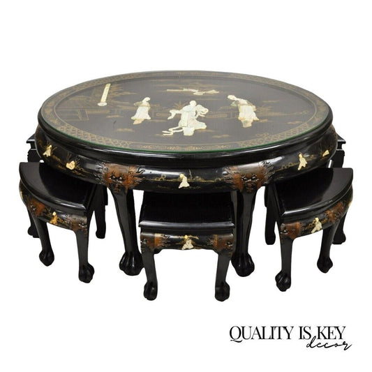 Chinese Black Lacquer Mother of Pearl Oval Nesting Coffee Table Set 6 Stools - A
