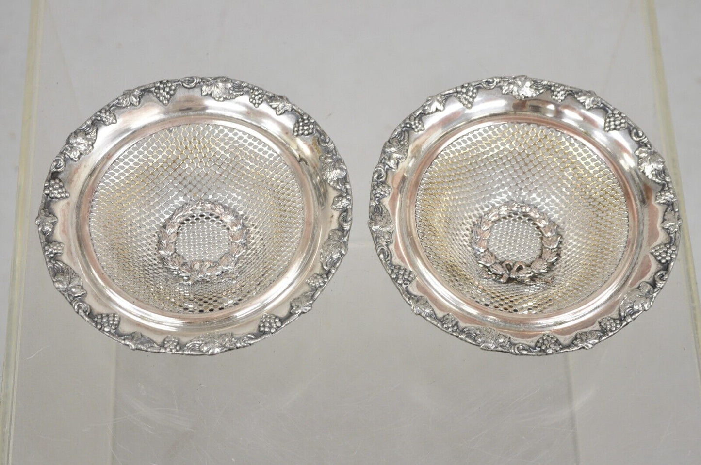 English Edwardian Silver Plated Wreath Design Small Mesh Basket Candy Dish -Pair