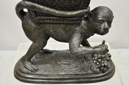 Maitland Smith Cast Bronze Monkey w/ Lidded Basket Planter Pot Statue Sculpture