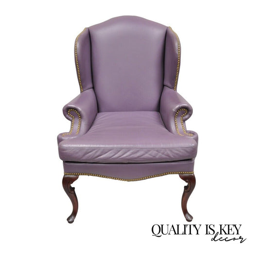 Queen Anne Style Purple Leather Wingback Chair with Nail Heads by Leather Center
