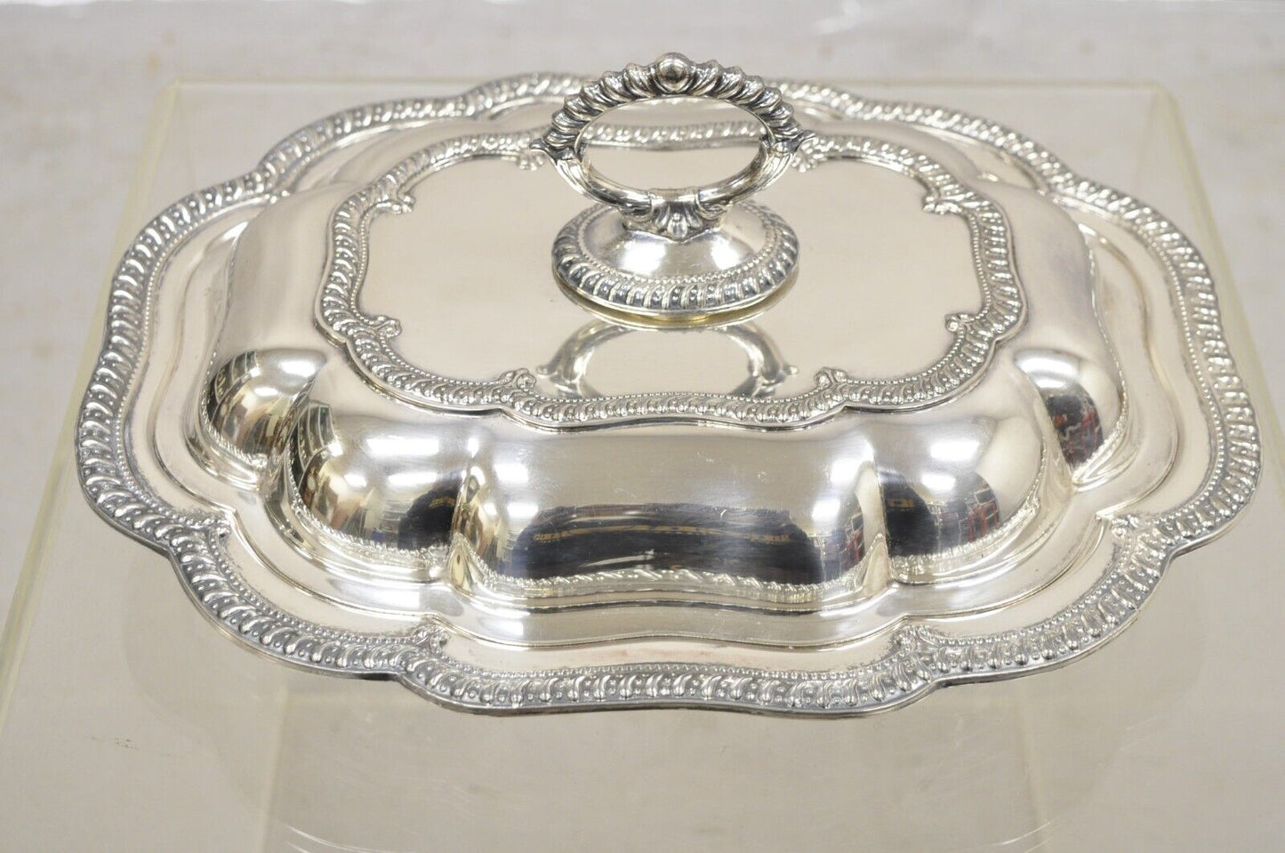 Vintage English Victorian Silver Plated Scalloped Covered Serving Platter Dish