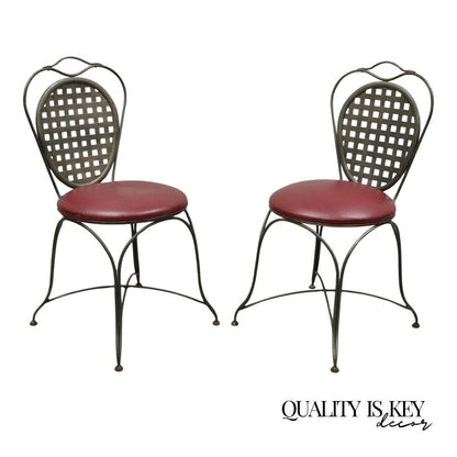 Italian Regency Style Wrought Iron Sunroom Lattice Round Seat Chairs - a Pair