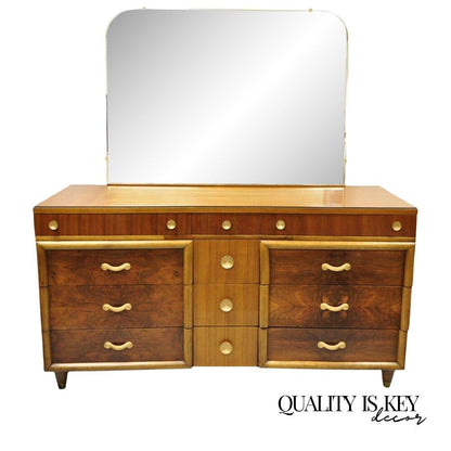 Joerns Bros Art Deco Mid Century Burl Walnut Long Dresser Credanza with Mirror