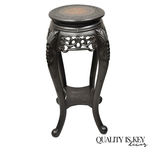 Japanese Carved Wood Black Ebonized 28" Plant Stand Side Table Lacquer Top