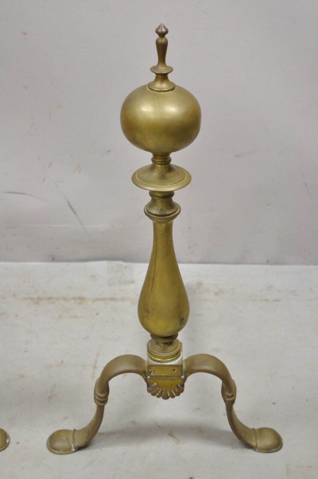 Antique Federal Brass Cannonball Cast Iron Fireplace Hearth Andirons - a Pair