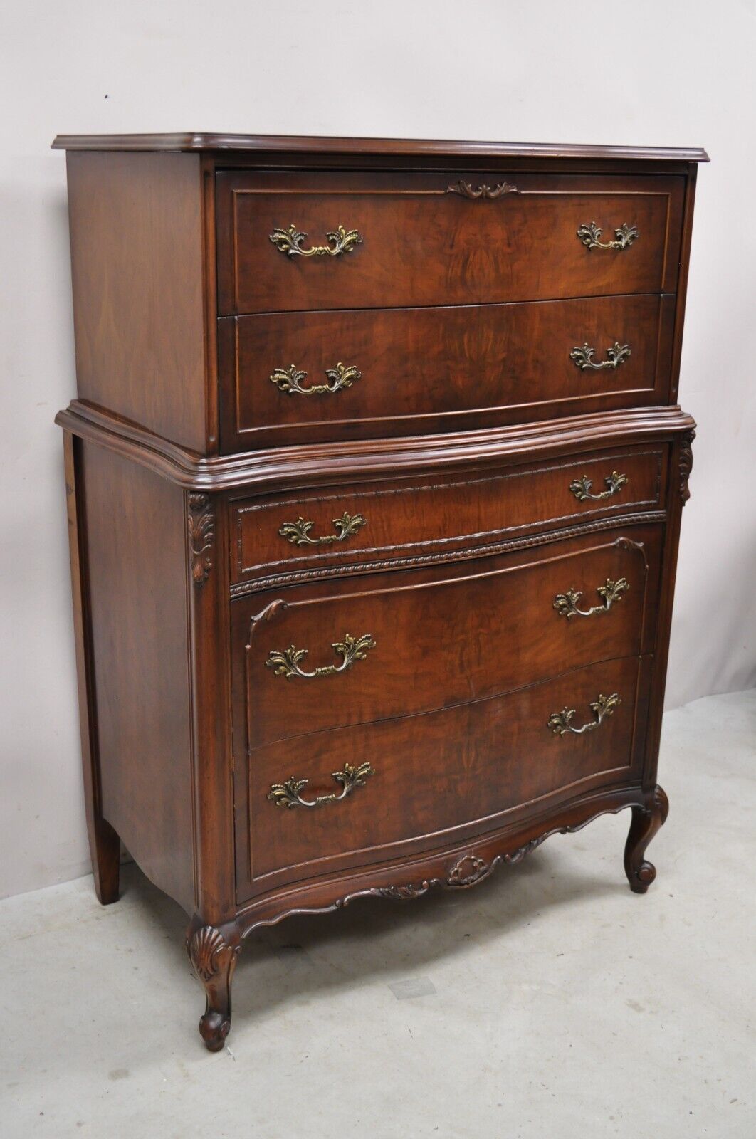 Vintage French Provincial Style Walnut Tall Chest Dresser Highboy Chest on Chest