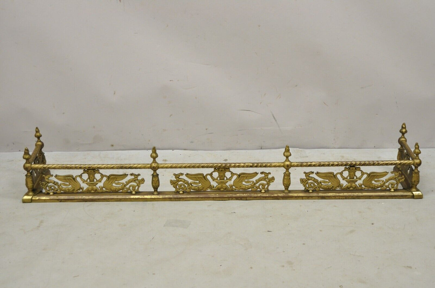 Antique Victorian Figural Swan Bird Twisted Brass 48" Fireplace Fender Hearth