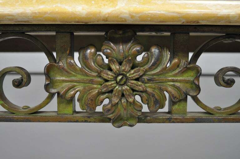 French Art Nouveau Green Wrought Iron Marble Top Scrolling Console Hall Table