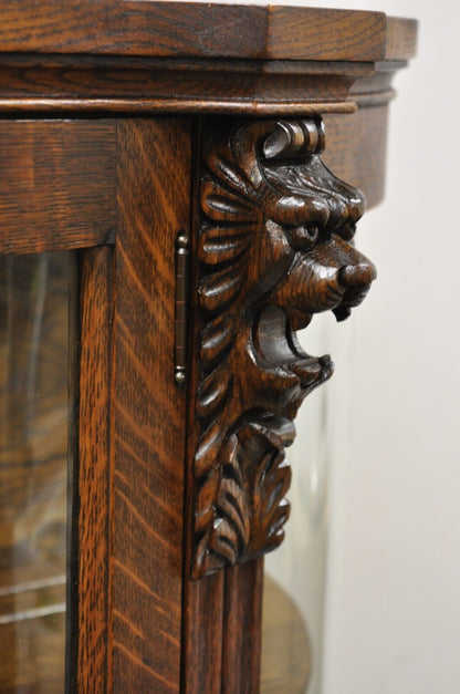 Antique American Empire Oak Carved Lion Head Paw Feet Bowed Glass China Cabinet