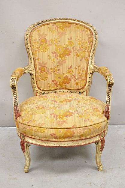 Vintage French Louis XV Style Cream and Red Painted Low Boudoir Fauteuil Chair