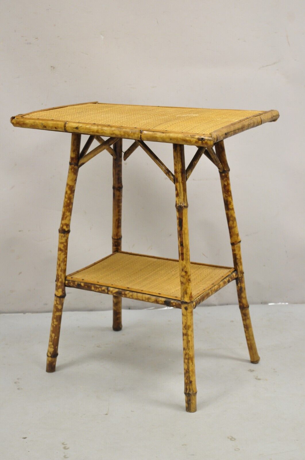 Antique English Victorian Bamboo and Cane 2 Tier Plant Stand Side Table