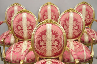 French Louis XVI Style Silver Gold Gilt Pink Damask Oval Back Arm Chairs - Pair