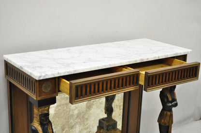 Egyptian Revival Marble Top Figural Carved Ebonized Console Hall Table w Drawers